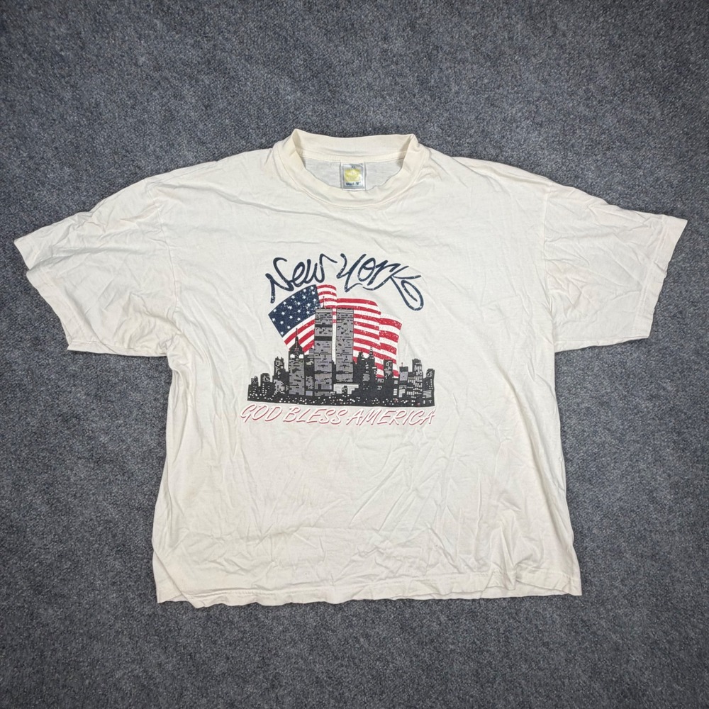 Vintage Hanes New York Twin Towers God Bless America T-Shirt XL‎ Cream 0625